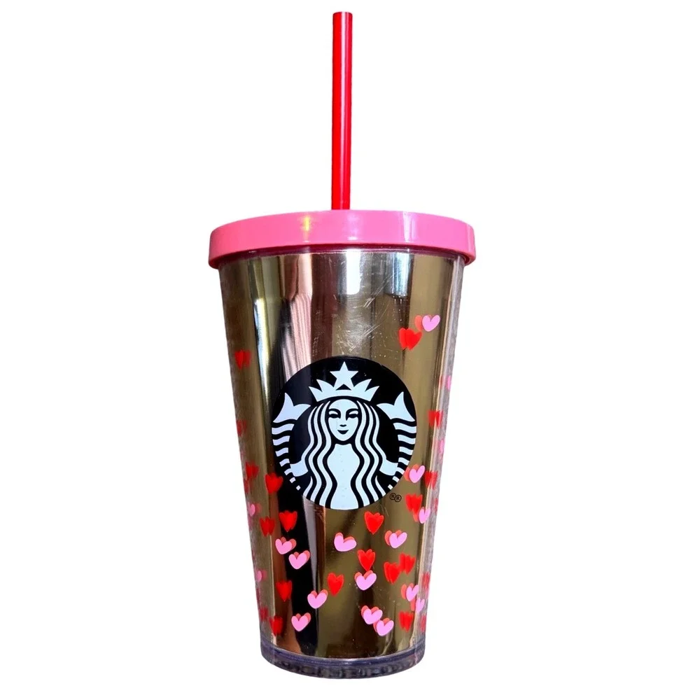 Starbucks Valentine Gold Metallic Heart Cold Cup Tumbler 16oz Pink Lid Red Straw